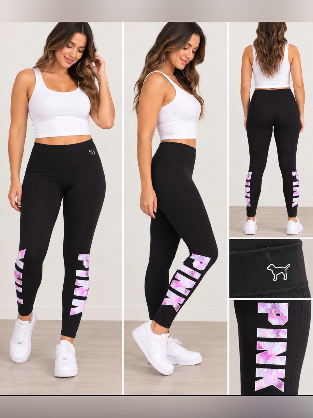 Victoria's Secret PINK Black Leggings with Pink Tie-Dye Logo